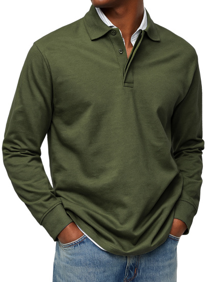 Men's Daily Double-layer Lapel Button-down Solid Color Long-sleeved Polo Shirt