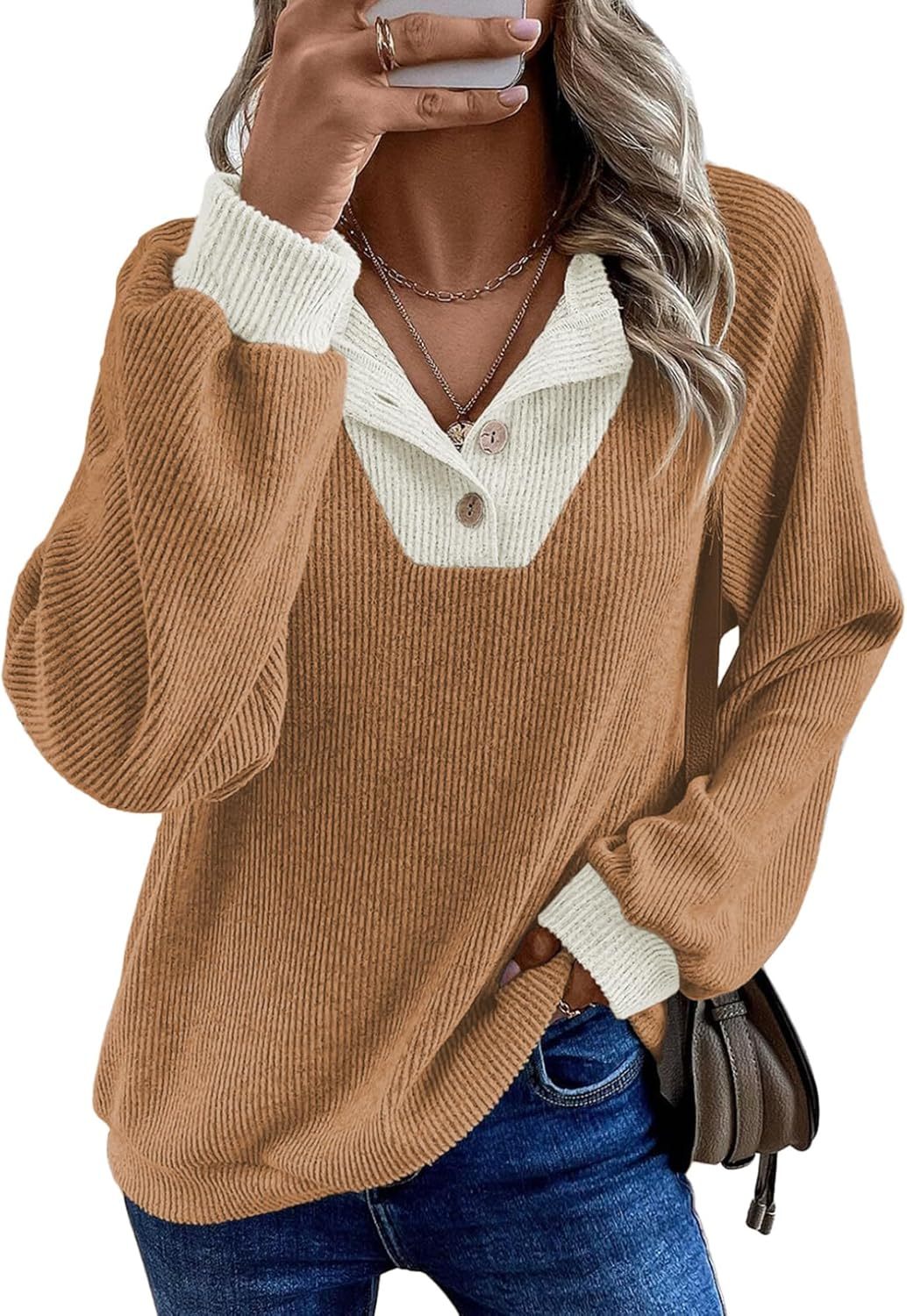Womens Fall Fashion 2025 Womens Long Sleeve Shirts Patchwork Button Up V Neck Sweatshirt Casual Pullover Tops