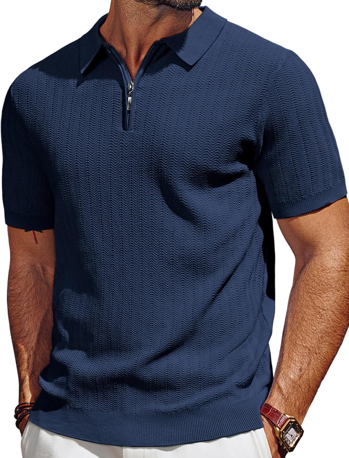 Men's Polo Shirts Quarter Zip Textured Knit Shirts Summer Shirt