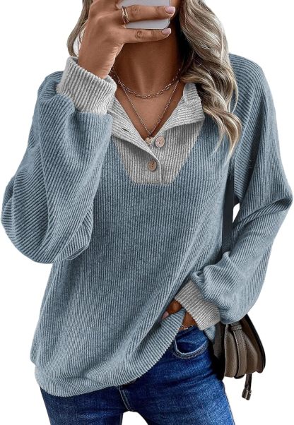 Womens Fall Fashion 2025 Womens Long Sleeve Shirts Patchwork Button Up V Neck Sweatshirt Casual Pullover Tops