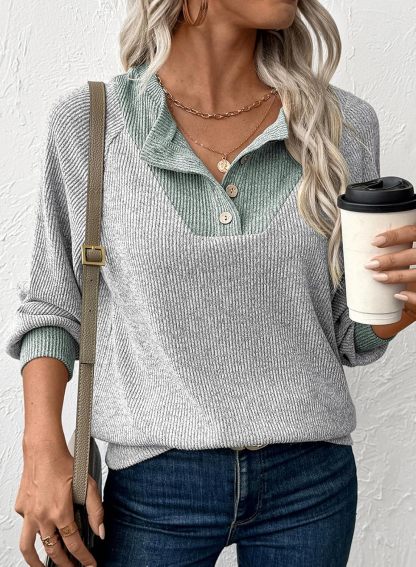 Womens Fall Fashion 2025 Womens Long Sleeve Shirts Patchwork Button Up V Neck Sweatshirt Casual Pullover Tops