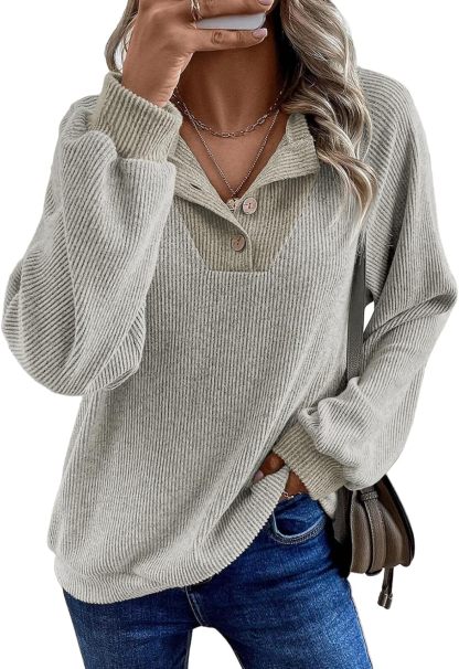 Womens Fall Fashion 2025 Womens Long Sleeve Shirts Patchwork Button Up V Neck Sweatshirt Casual Pullover Tops