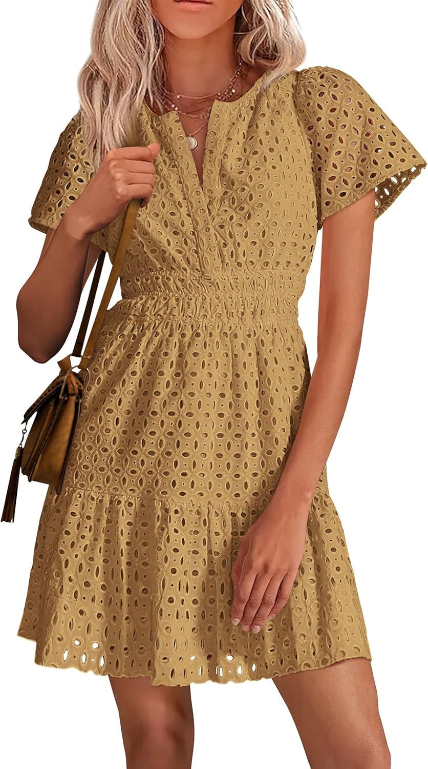PRETTYGARDEN Womens 2025 Summer Short Dress V Neck Short Sleeve A Line Hollow Out Lace Ruffle Cute Casual Beach Party Dresses