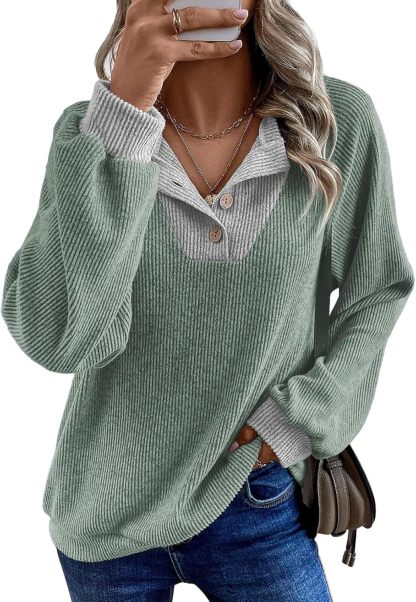 Womens Fall Fashion 2025 Womens Long Sleeve Shirts Patchwork Button Up V Neck Sweatshirt Casual Pullover Tops