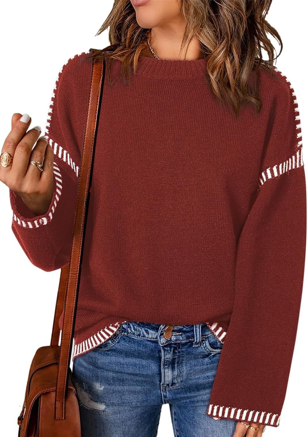Women’s Casual Loose Fit Long Sleeve Solid Colour Crewneck Knit Sweater