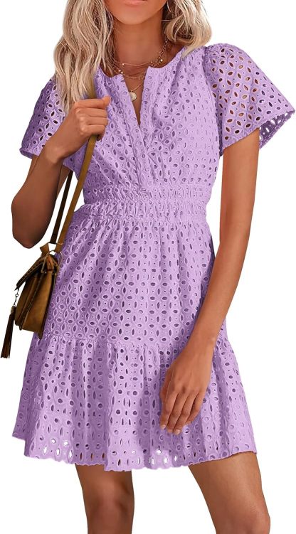 PRETTYGARDEN Womens 2025 Summer Short Dress V Neck Short Sleeve A Line Hollow Out Lace Ruffle Cute Casual Beach Party Dresses