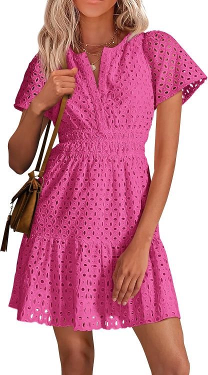 PRETTYGARDEN Womens 2025 Summer Short Dress V Neck Short Sleeve A Line Hollow Out Lace Ruffle Cute Casual Beach Party Dresses