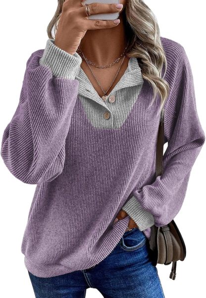Womens Fall Fashion 2025 Womens Long Sleeve Shirts Patchwork Button Up V Neck Sweatshirt Casual Pullover Tops