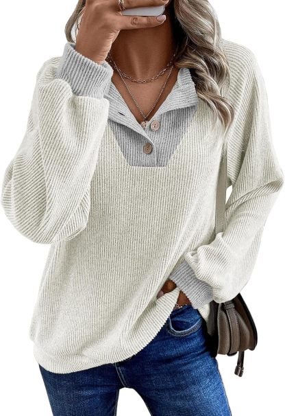 Womens Fall Fashion 2025 Womens Long Sleeve Shirts Patchwork Button Up V Neck Sweatshirt Casual Pullover Tops