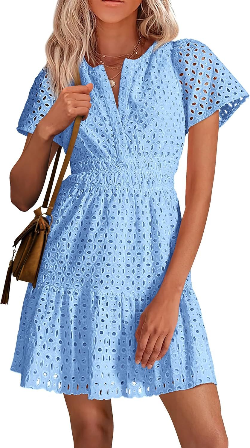 PRETTYGARDEN Womens 2025 Summer Short Dress V Neck Short Sleeve A Line Hollow Out Lace Ruffle Cute Casual Beach Party Dresses