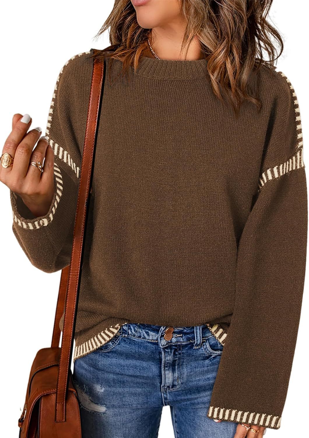 Women’s Casual Loose Fit Long Sleeve Solid Colour Crewneck Knit Sweater