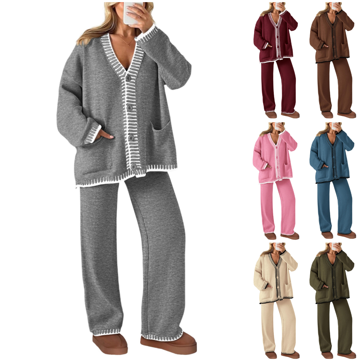 NEW🔥 2024 Women's Cotton Two-Piece Knit Leisure Suit Long Sleeved V Neck Cardigan Sweater Wide Legged Pants Sportswear