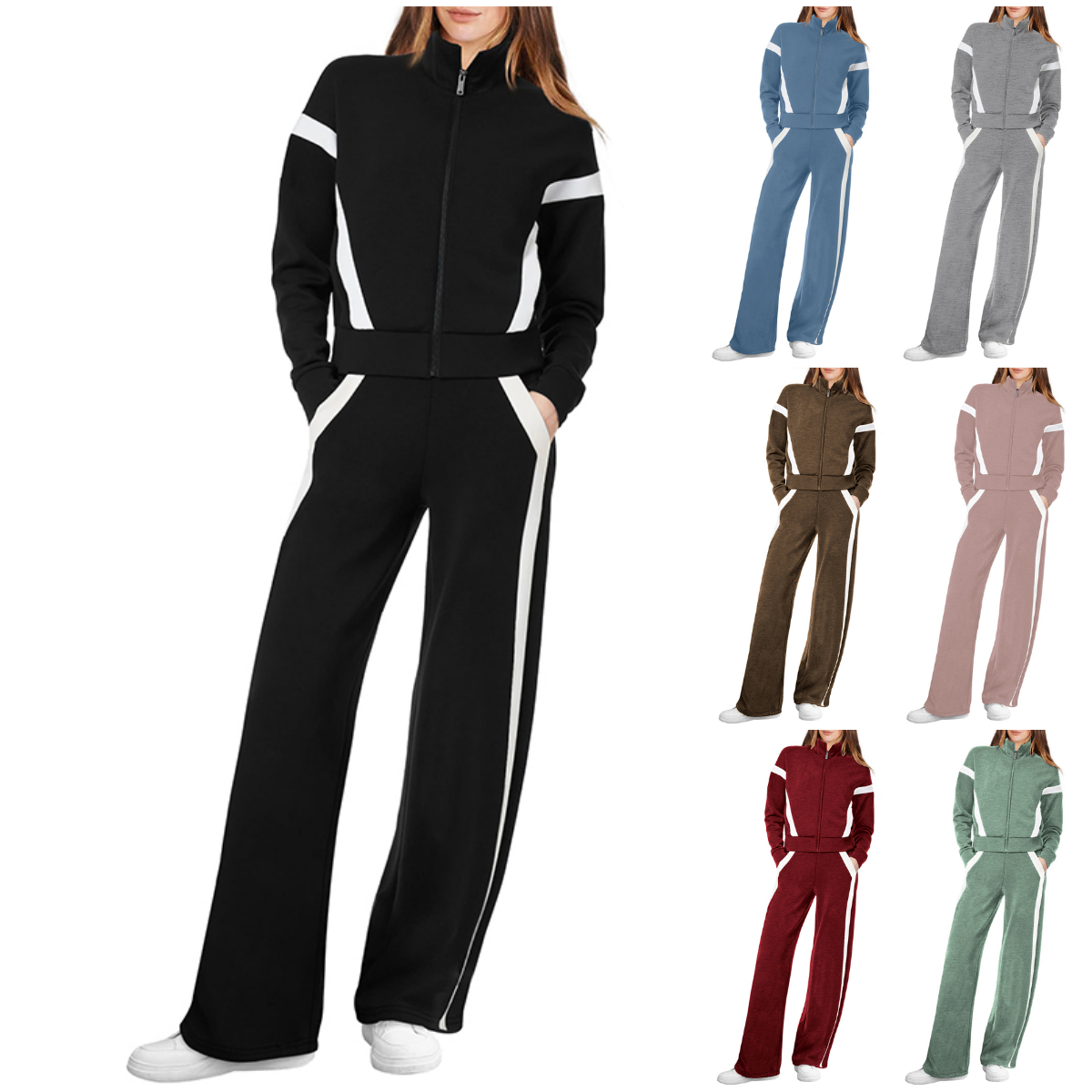 NEW 🔥 Women's Two-Piece Pinstripe Outfits Sweatshirt Wide Leg Sweatpants Casual Set