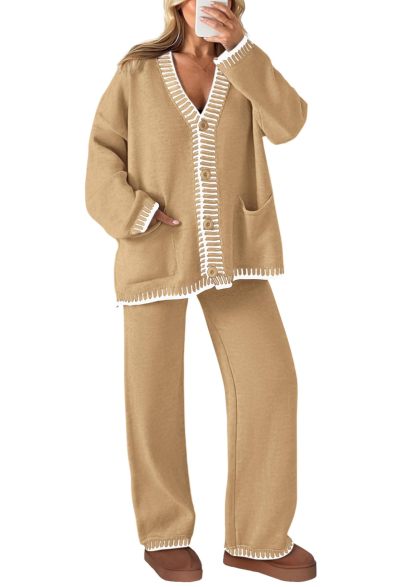 NEW🔥 2024 Women's Cotton Two-Piece Knit Leisure Suit Long Sleeved V Neck Cardigan Sweater Wide Legged Pants Sportswear