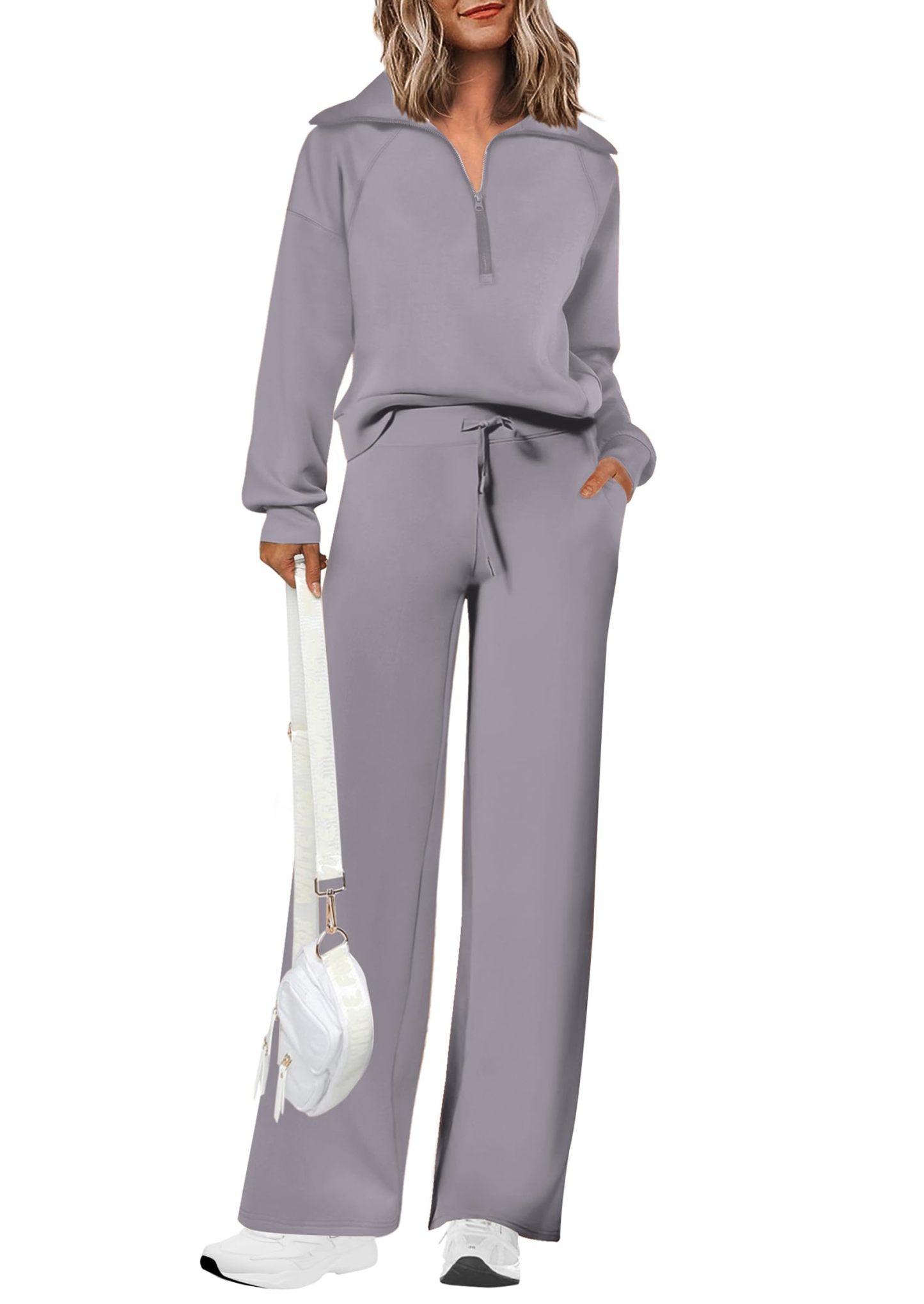 Women's Cotton Two-Piece Outfits Lapel Half-Zip Sweatshirt Wide Leg Sweatpants Casual Suit