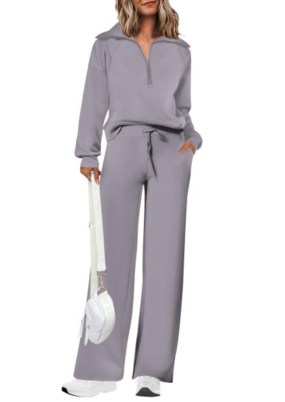Women's Cotton Two-Piece Outfits Lapel Half-Zip Sweatshirt Wide Leg Sweatpants Casual Suit