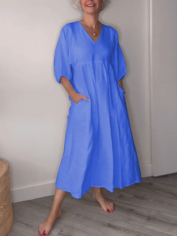 Hot Sale🔥 Women's Casual Fashion V-Neck Solid Color Mid-Length Sleeve Dress