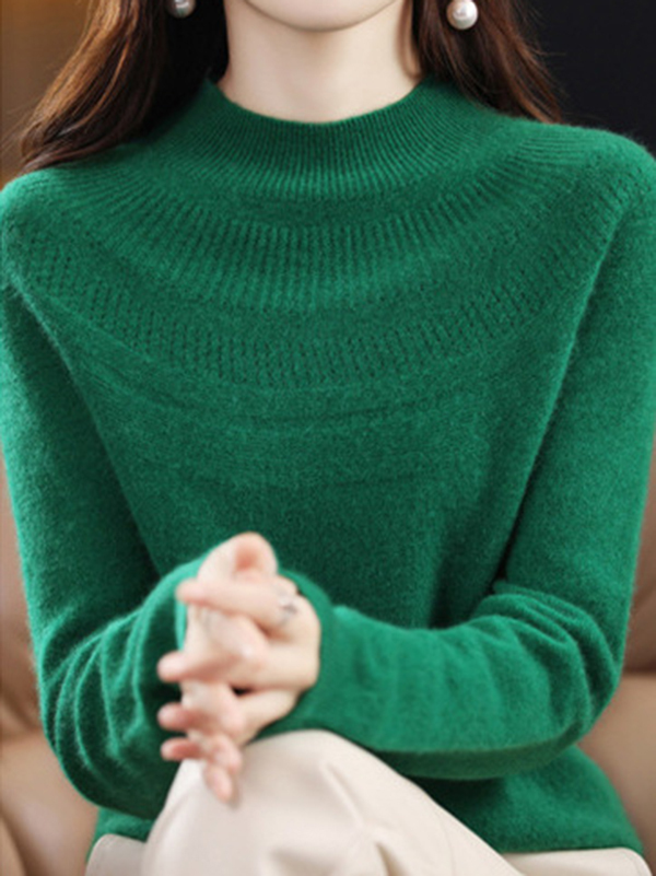 Office Raglan Sleeve Hollow Solid Color High-Neck Sweater Tops