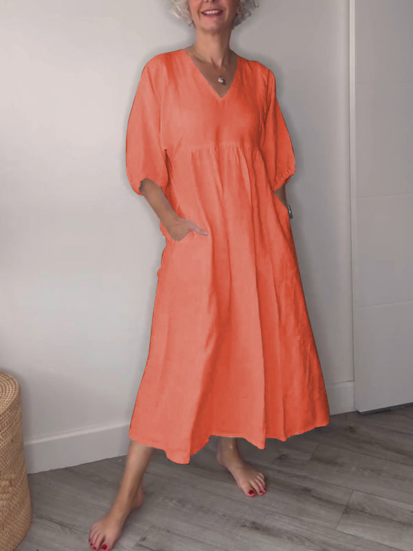 Hot Sale🔥 Women's Casual Fashion V-Neck Solid Color Mid-Length Sleeve Dress
