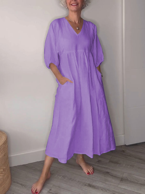 Hot Sale🔥 Women's Casual Fashion V-Neck Solid Color Mid-Length Sleeve Dress