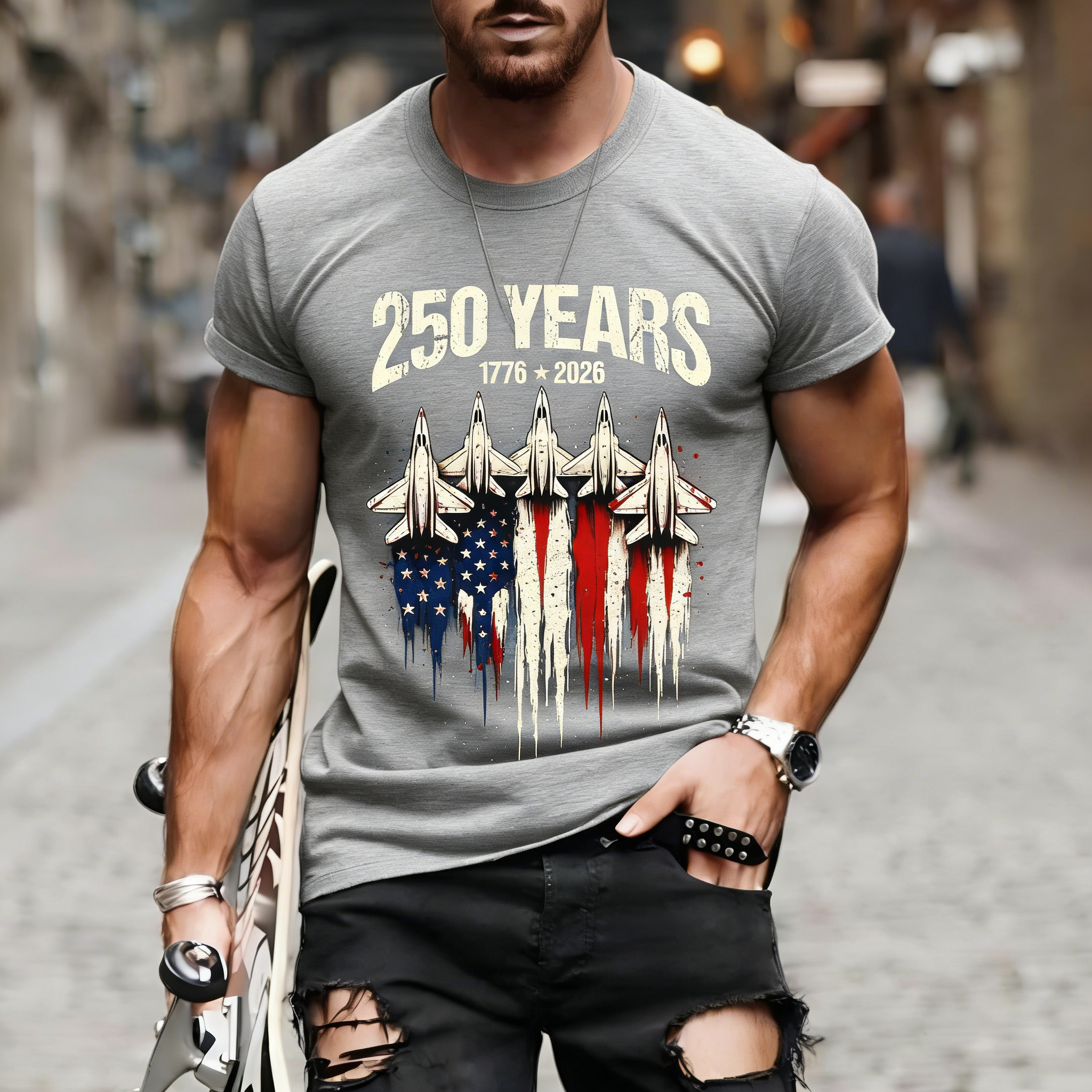 Men's Retro 250th Anniversary of the United States Independence Day Fighter Jet Long Sleeve T-Shirt