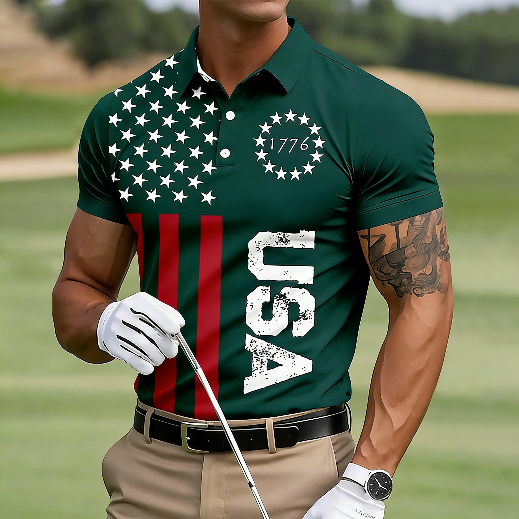 Men's 1776 USA Flag Golf Polo | Distressed Patriotic Performance Shirt for American Golfers