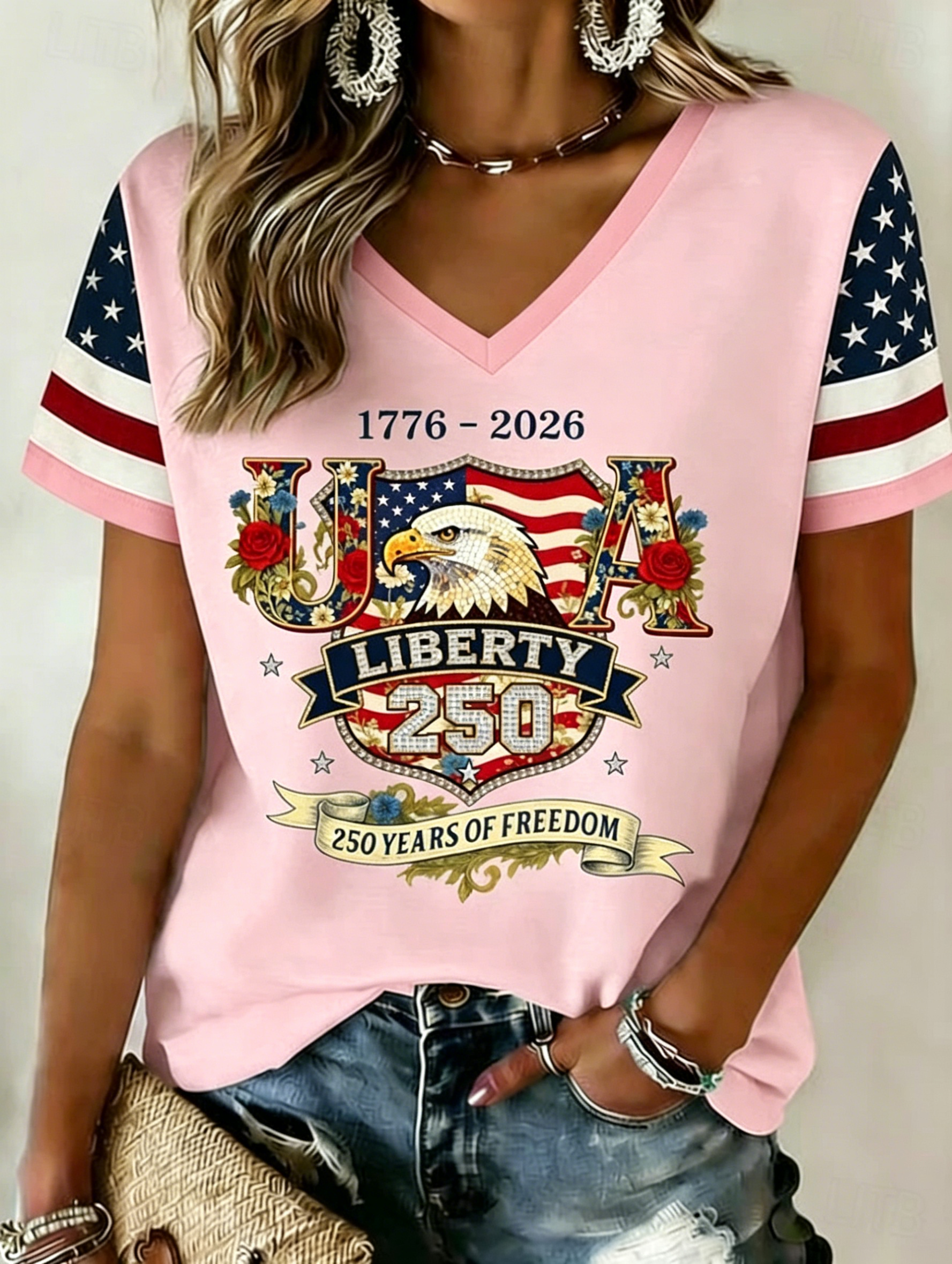 Floral USA Eagle Patriotic V-Neck T-Shirt, Independence Day Short Sleeve Top
