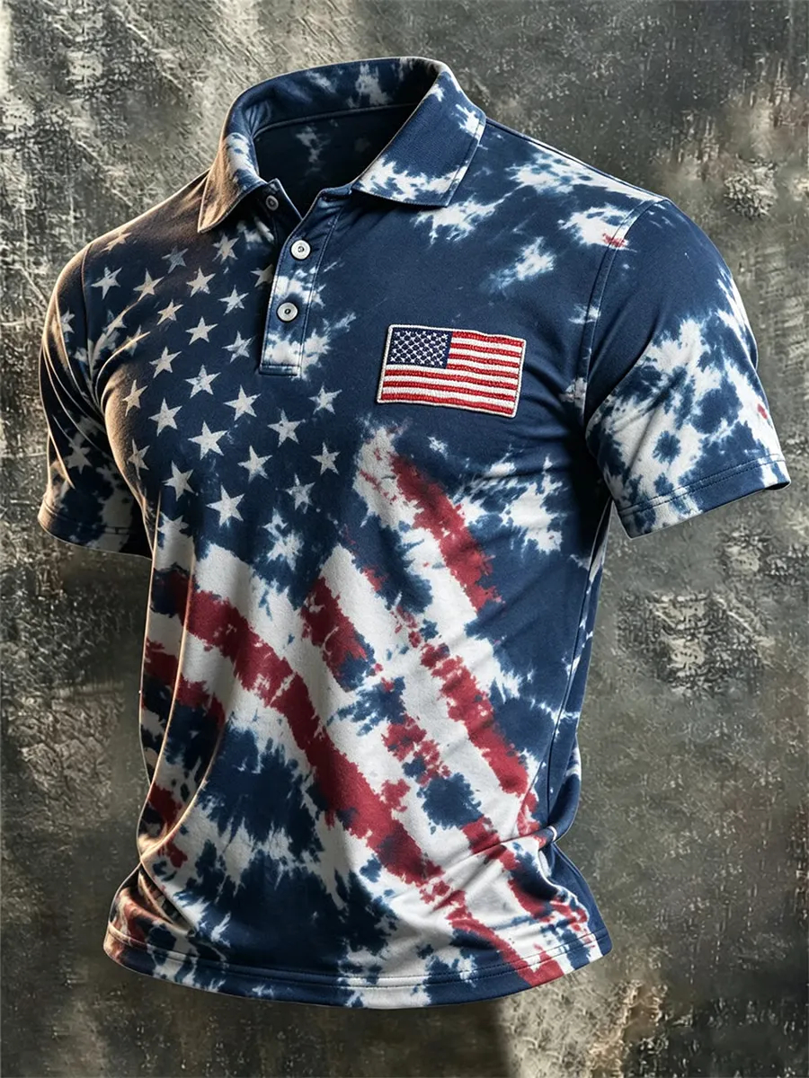 [Copy]Men's Vintage USA Flag 1776-2026 Short-Sleeve Button-Down Shirt - Patriotic "We The People" Print