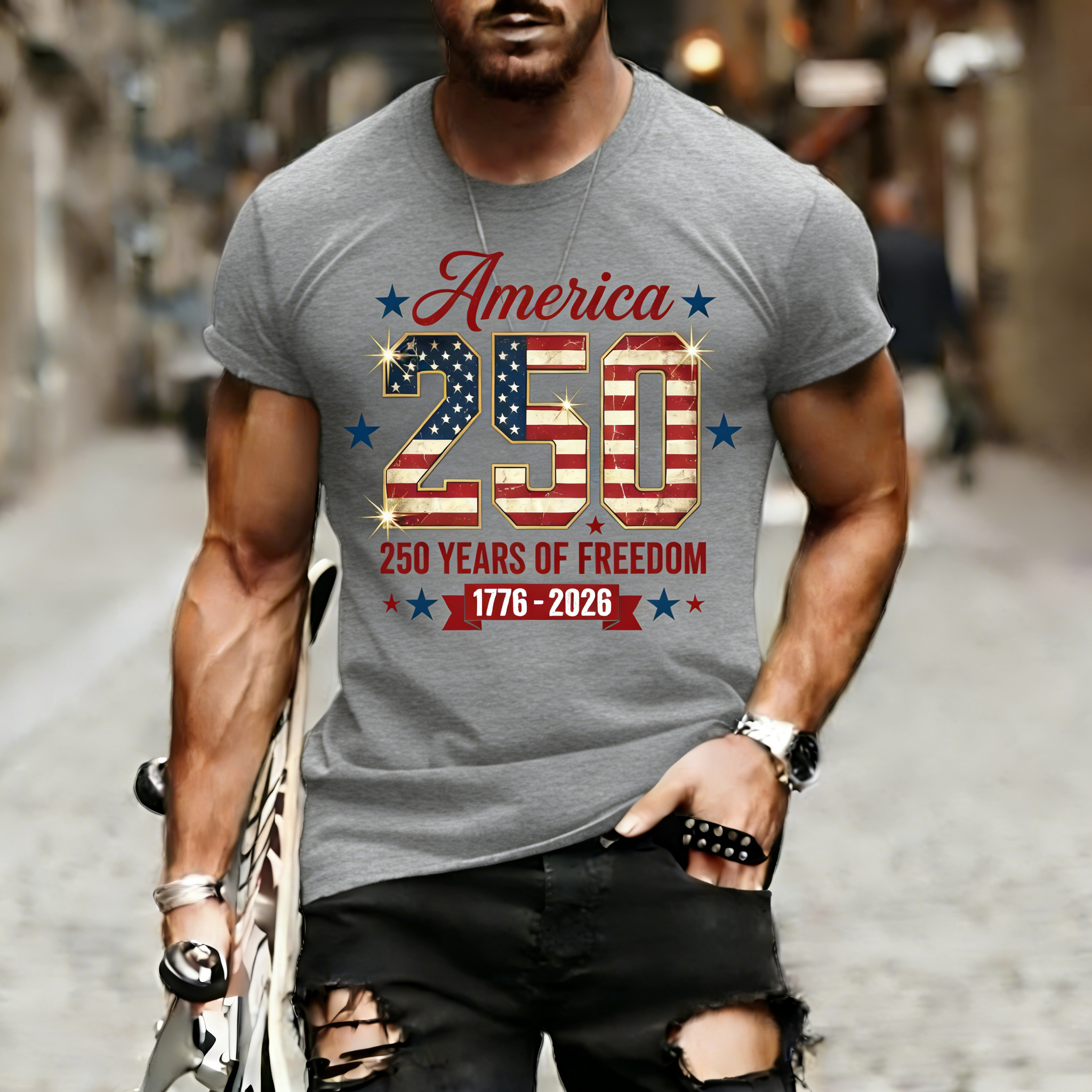 Men's Retro 250th Anniversary of the United States Independence Day America 250 Flag Print T-Shirt