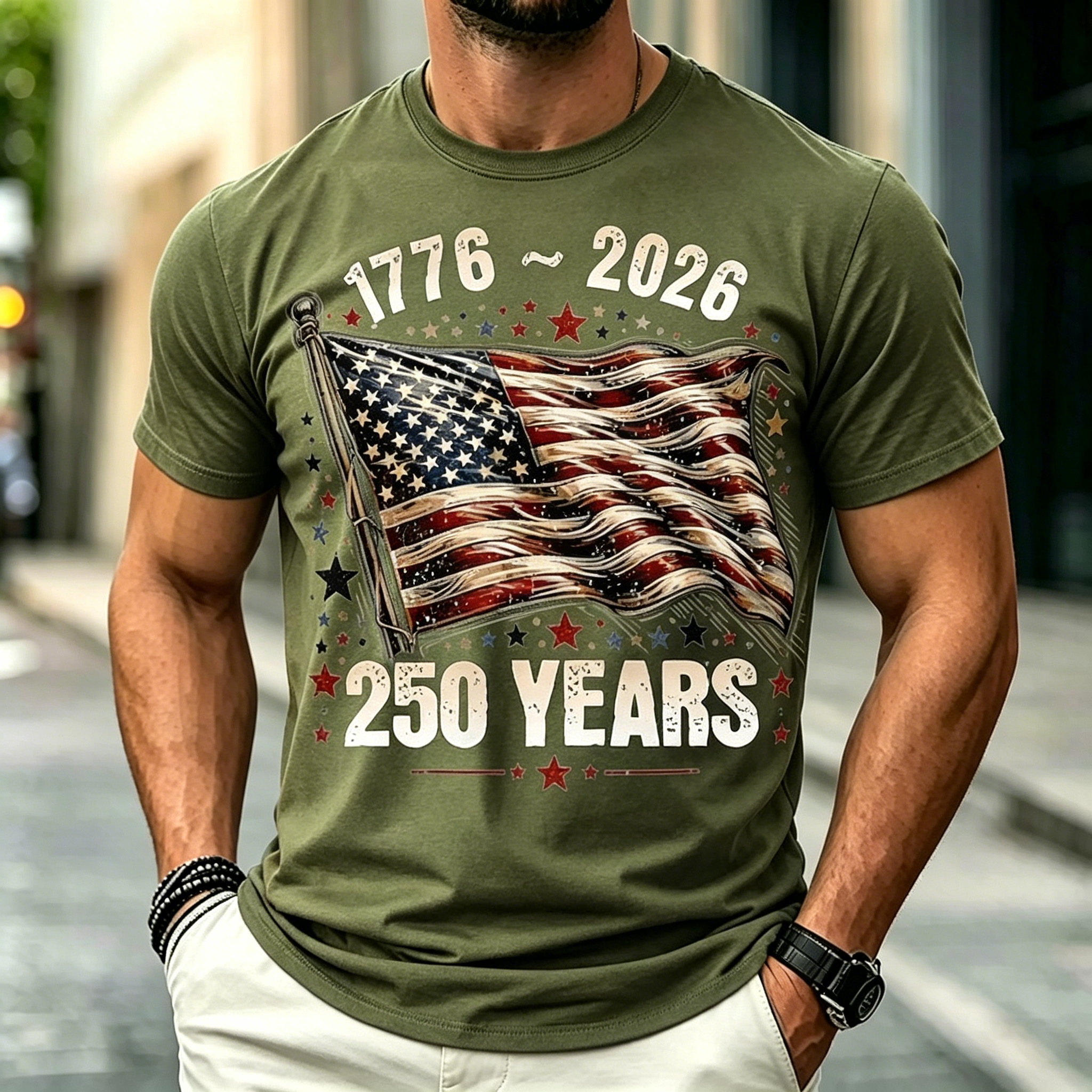 USA 250 Years Patriotic Flag Print Short Sleeve Crew Neck T-Shirt