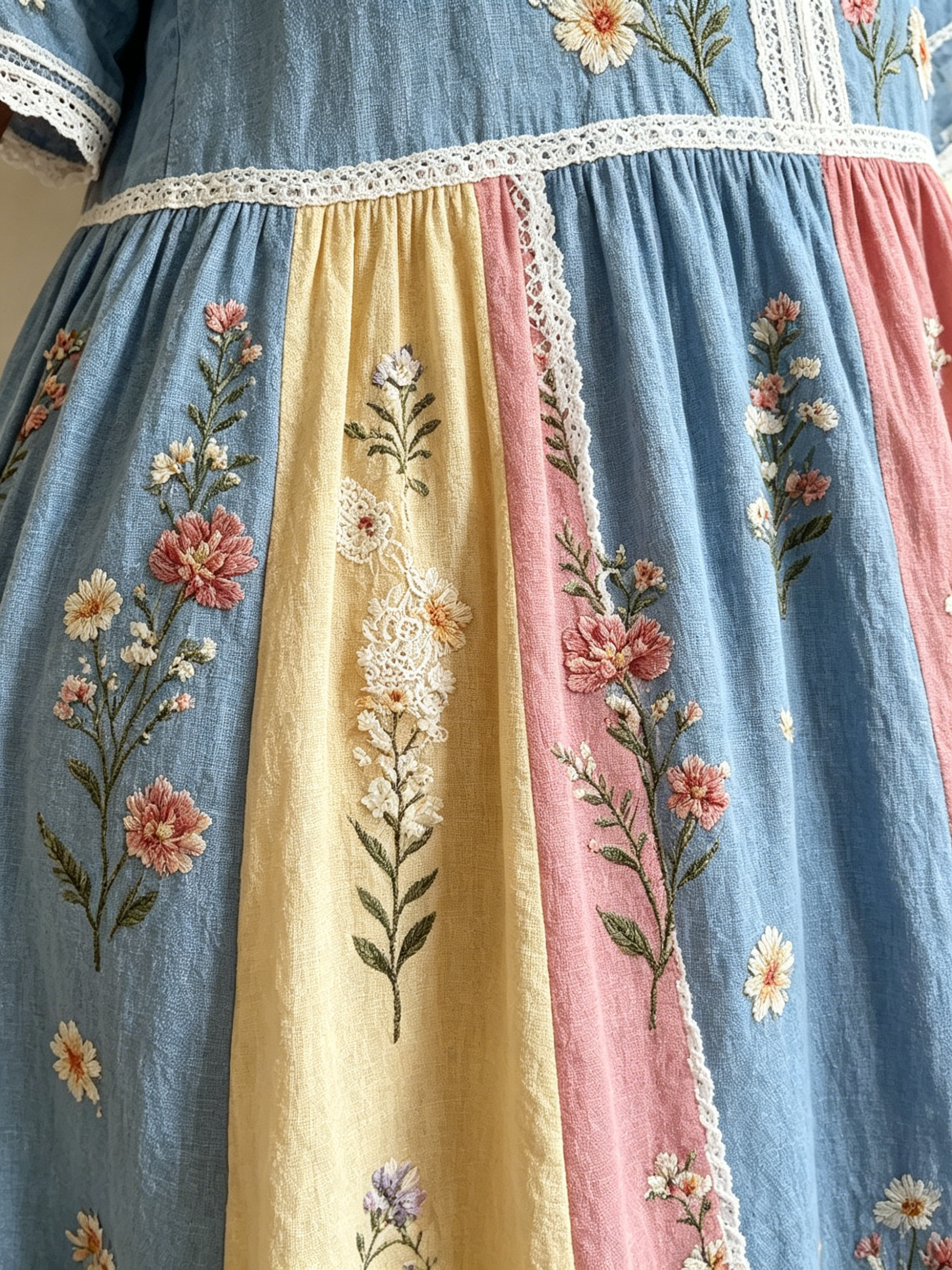 Women Relaxed Fit Lace Trim V-Neck Floral Print Vacation Maxi Dress