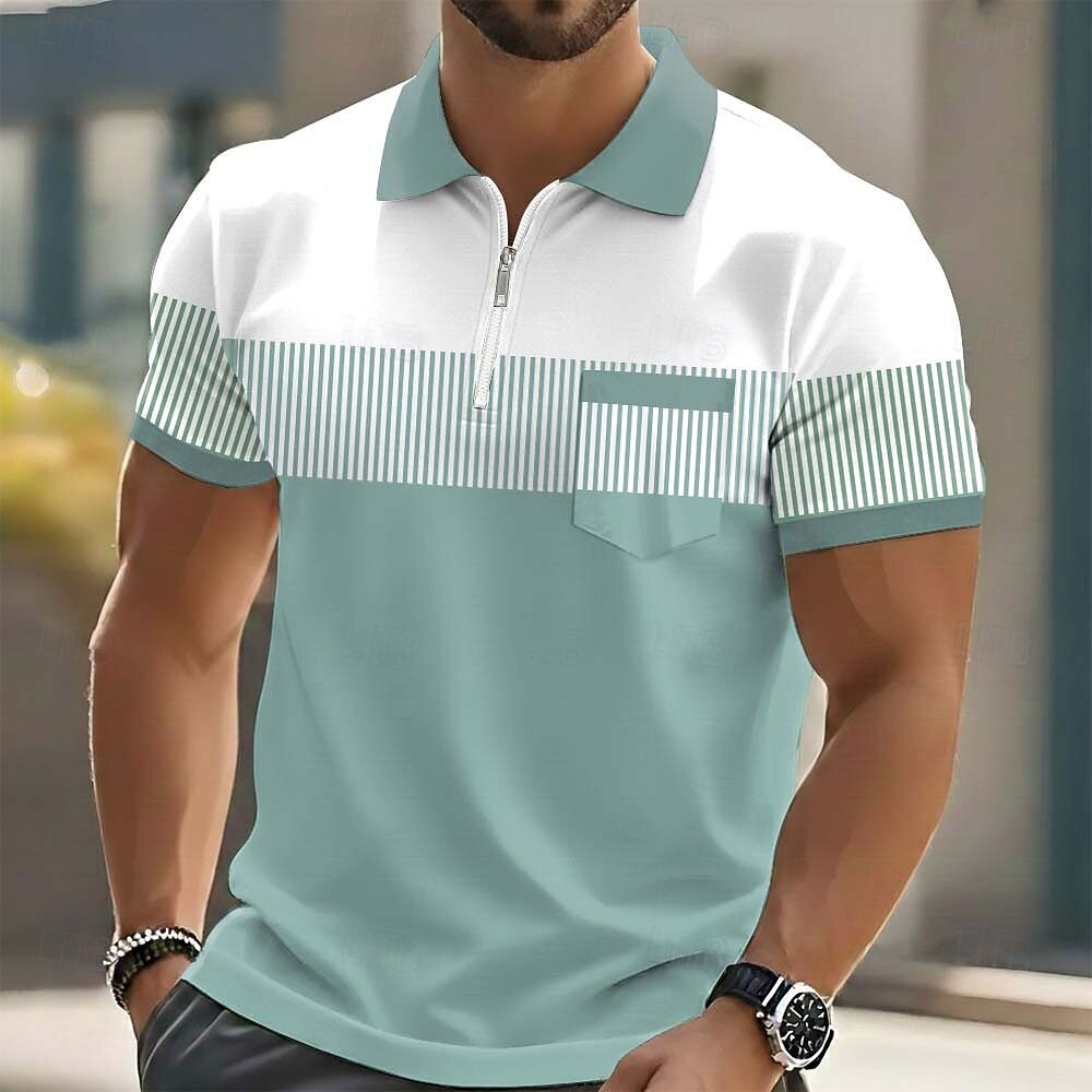 Color Block Stripe Half Zip Collar Polo Shirt for Men