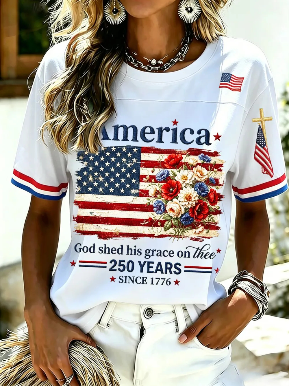 Women’s Patriotic 4th of July T-Shirt - America Floral Flag Print, God Shed His Grace on Thee, 250 Years Since 1776 Casual Tee