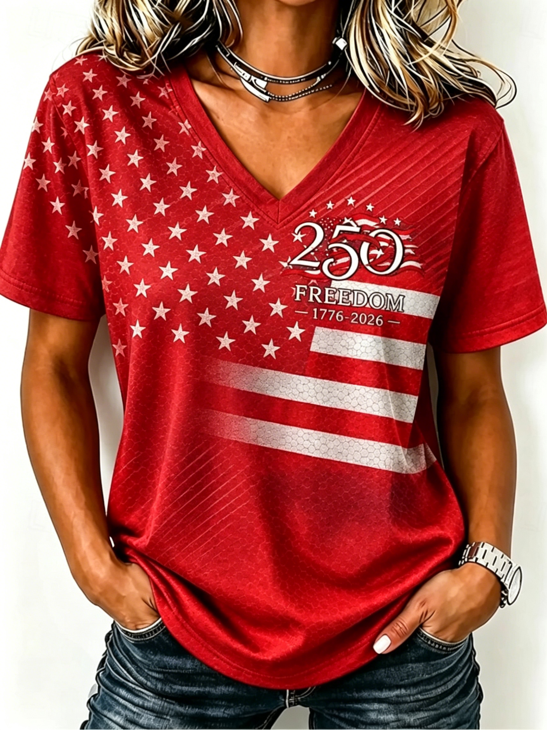 Retro USA Flag Graphic V Neck T Shirt Women Patriotic Short Sleeve Casual Top