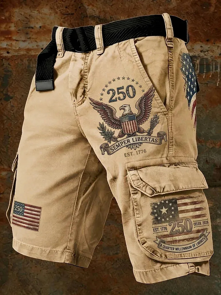 Vintage American Eagle Flag Print Cargo Shorts, Patriotic Multi-Pocket Casual Shorts