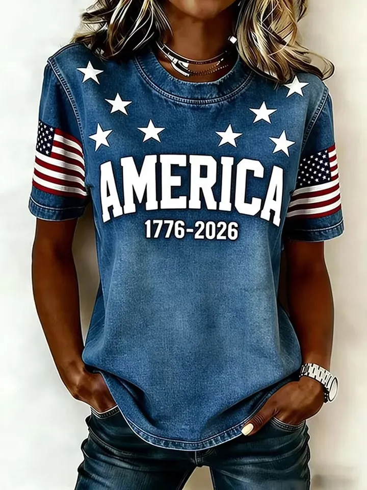 Women's America 1776-2026 Patriotic Flag Short-Sleeve T-Shirt - Casual Star Print Crew Neck Tee
