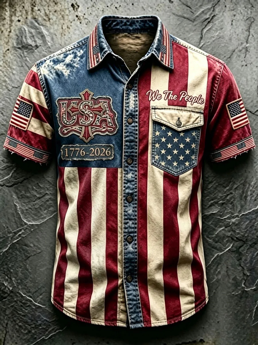 Men's Vintage USA Flag 1776-2026 Short-Sleeve Button-Down Shirt - Patriotic "We The People" Print