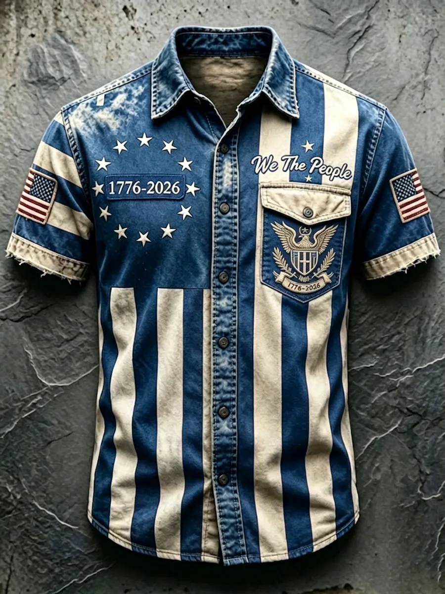 Men's USA 250th Anniversary 1776-2026 Vintage Flag Print Short-Sleeve Button-Down Shirt - "We The People" Eagle Graphic