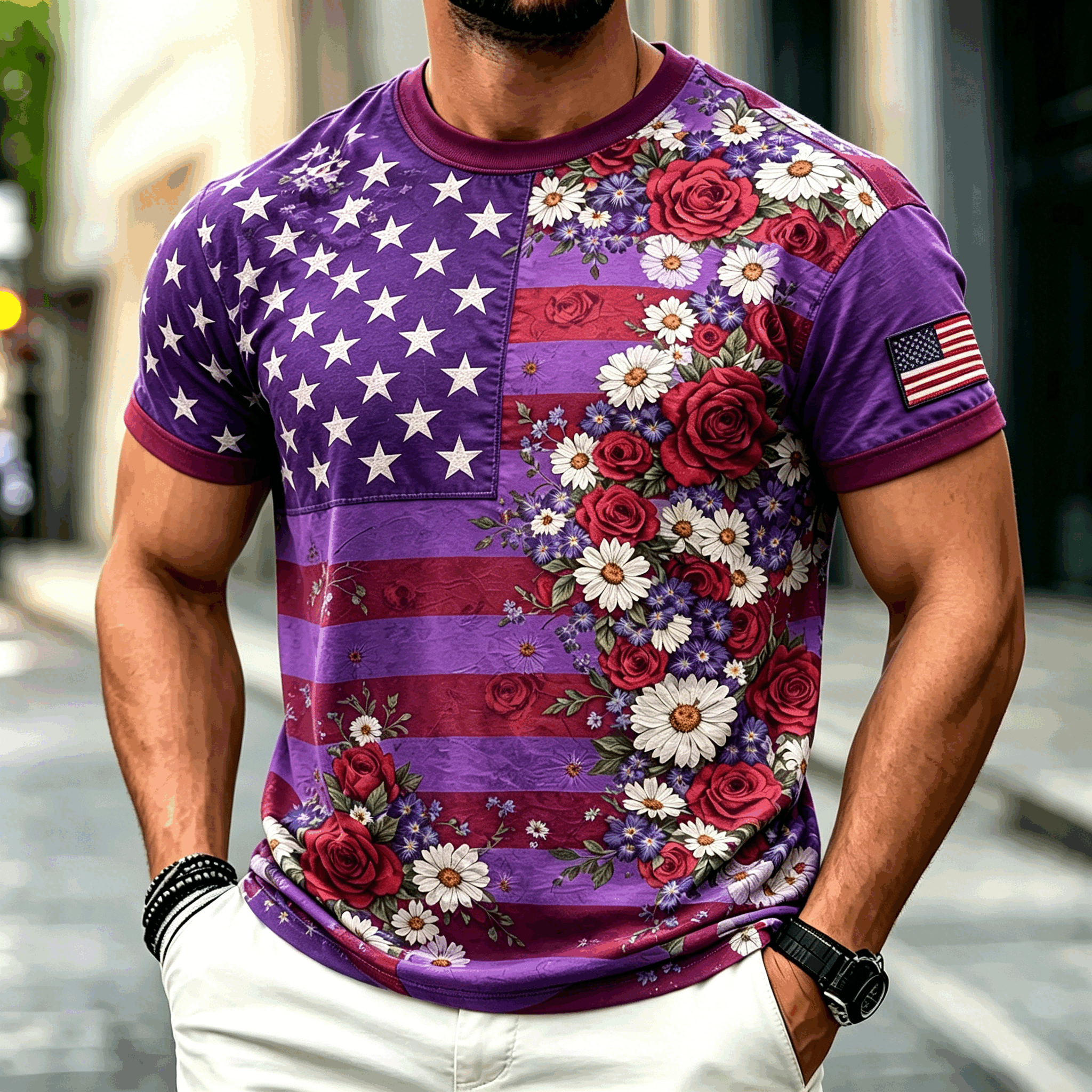 Patriotic Star Stripe Floral USA Flag Print Men Crew Neck Casual Summer Tee