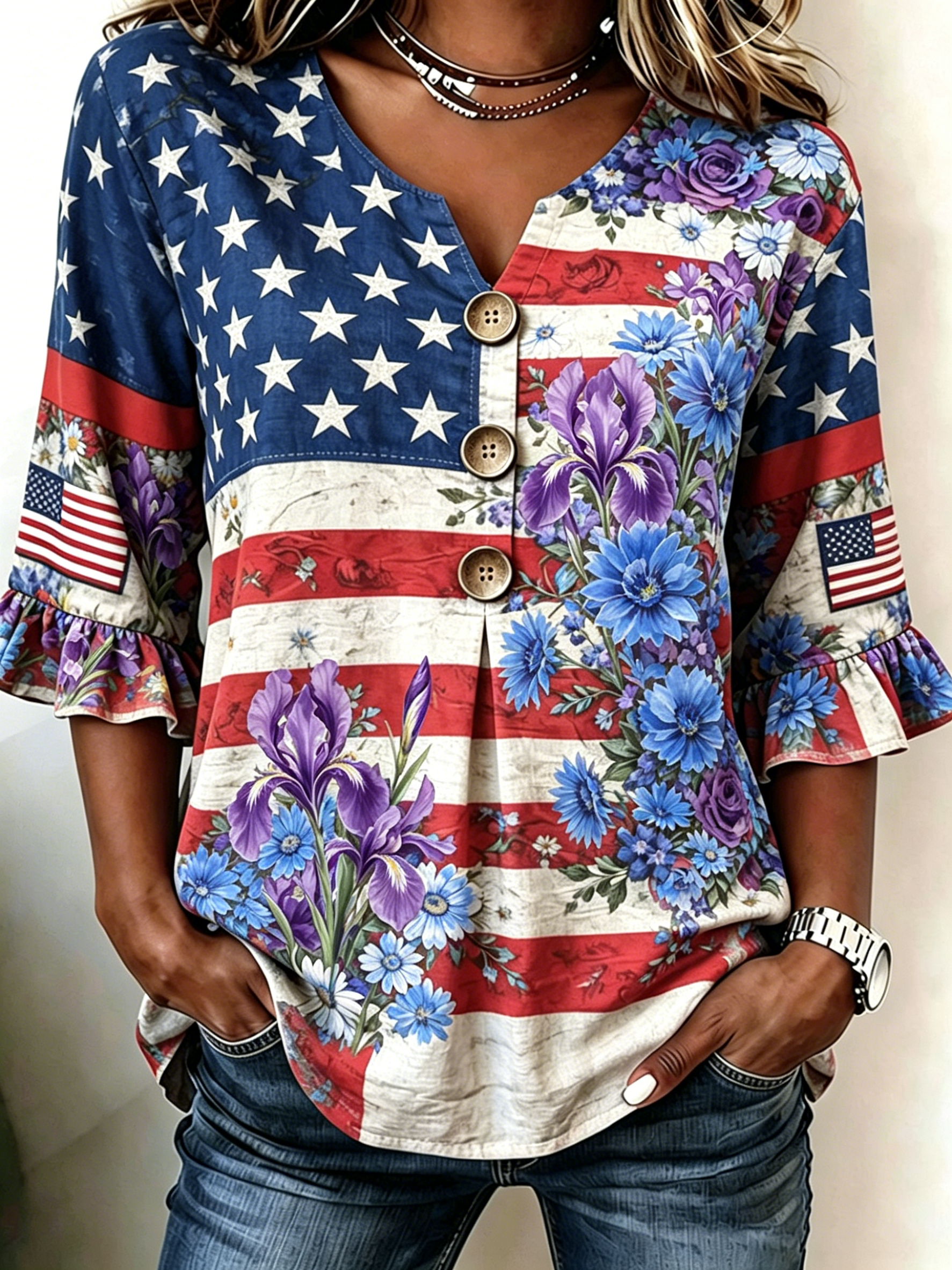 Summer Patriotic Floral Ruffle Sleeve Loose Fit Women Top