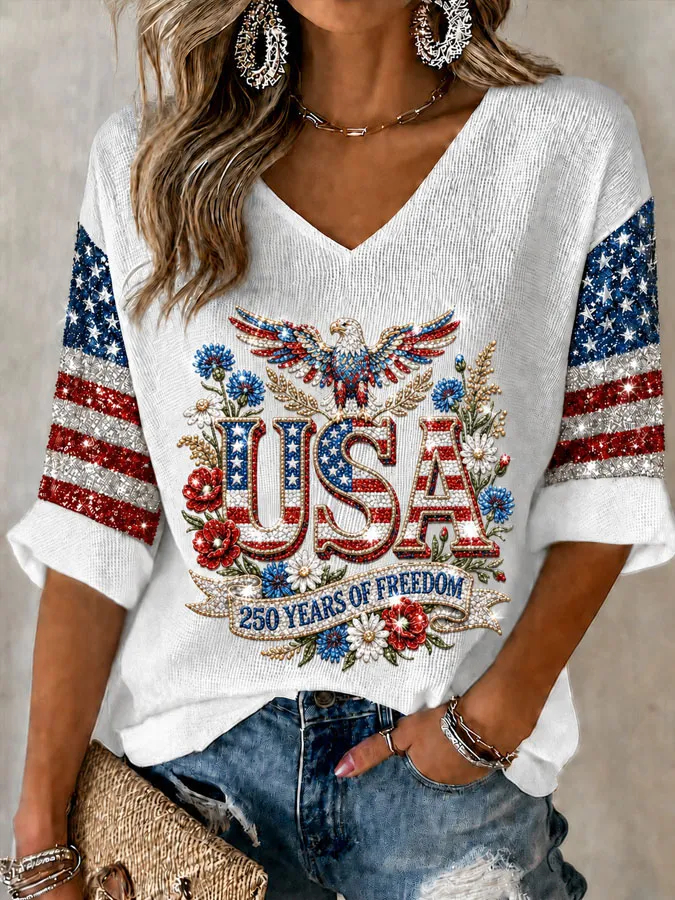 Women's USA 250th Anniversary "250 Years of Freedom" Eagle Print 3/4 Sleeve V-Neck Top