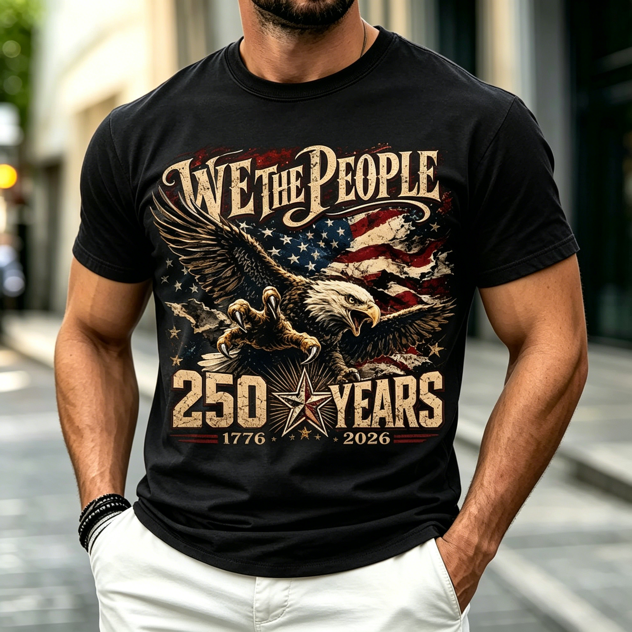 Men We The People Eagle American Flag Patriotic Short Sleeve Crew Neck Casual T-Shirt