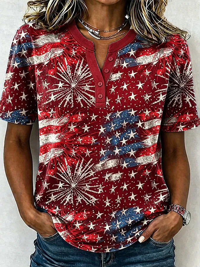 Women's Patriotic Fireworks & Star Print Henley T-Shirt