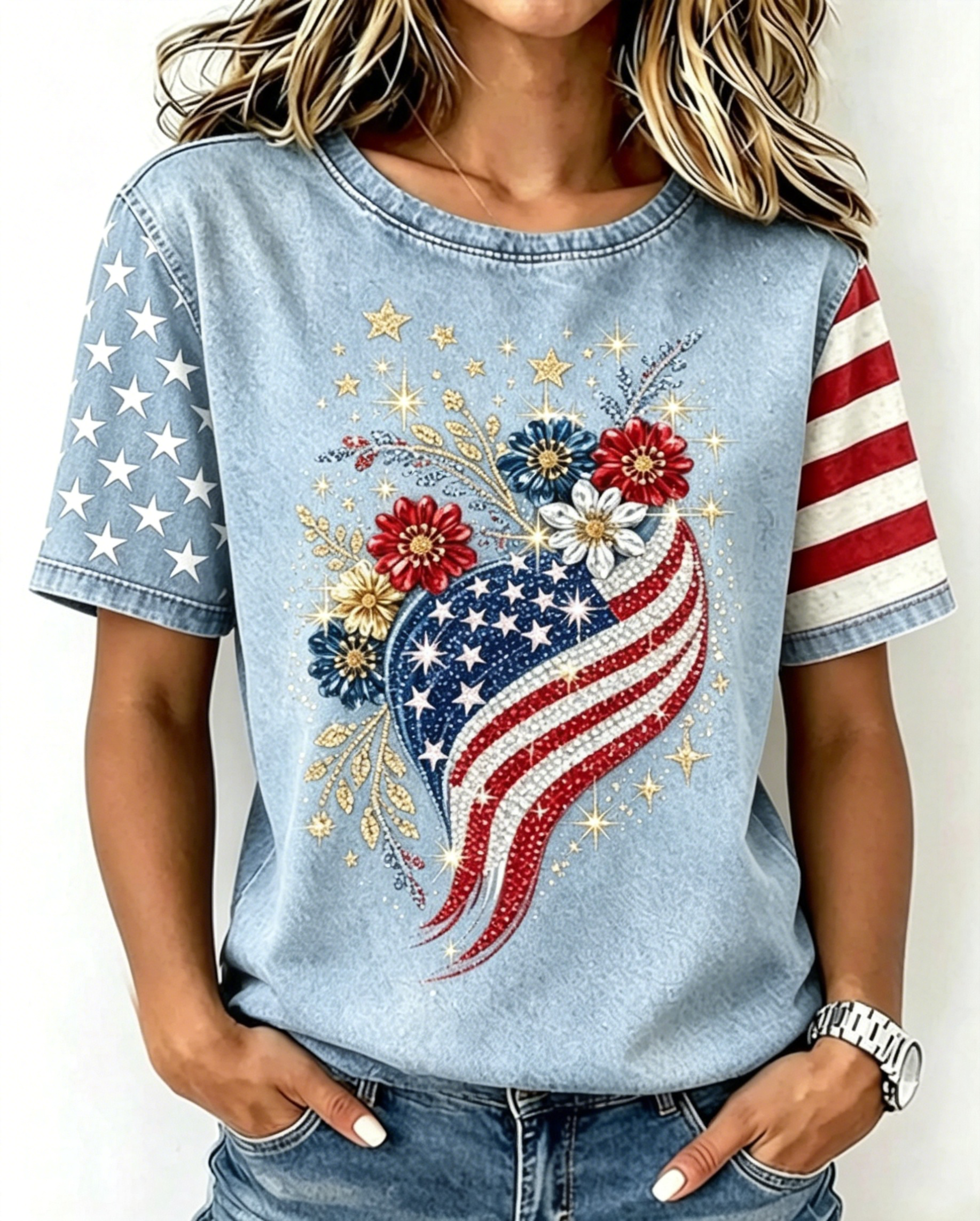 Retro Washed American Flag Star Stripe Patchwork Short Sleeve Graphic T-Shirt