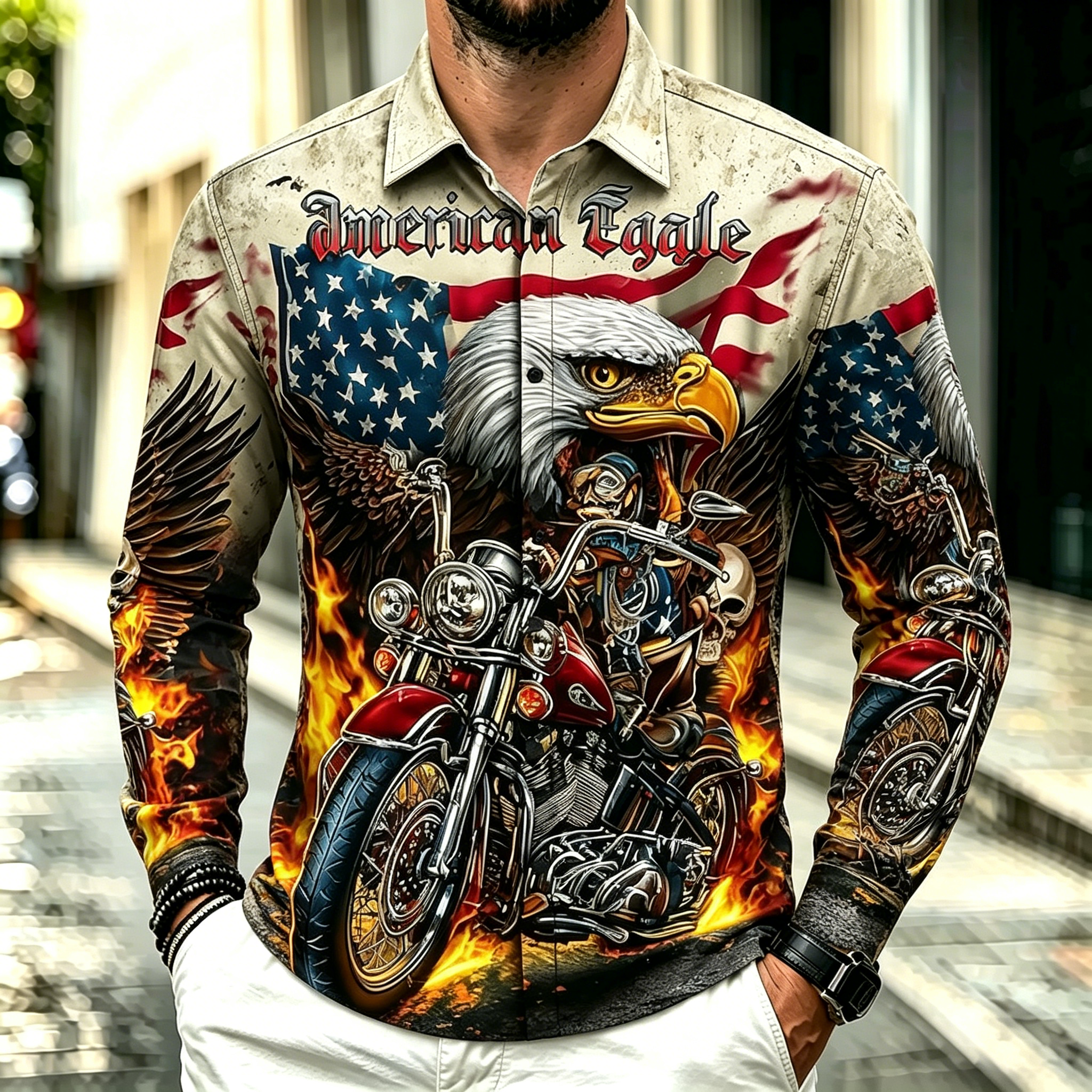 Western Biker Style Eagle Flag Flame Skull Long Sleeve Casual Dress Shirt