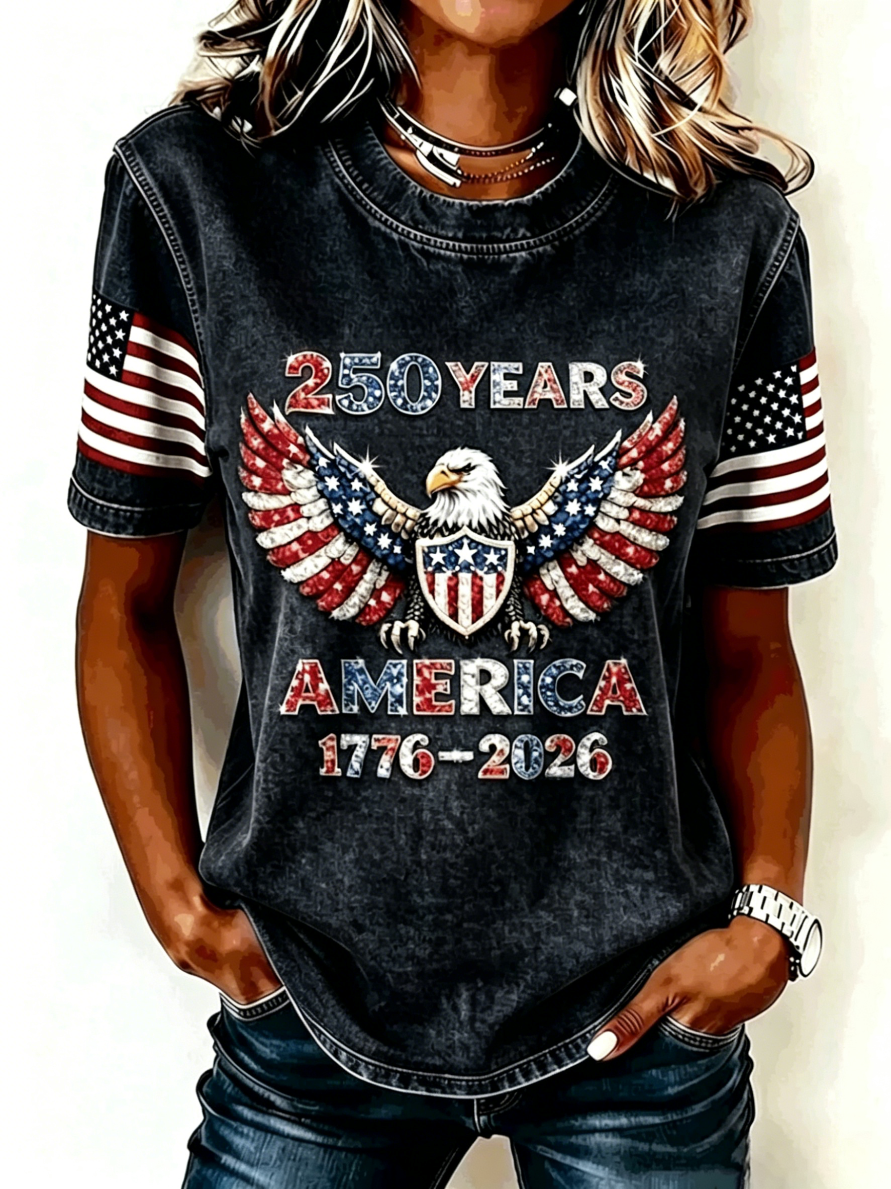 Distressed Denim Style Patriotic Eagle Wing Print Ladies Loose Fit Curved Hem Top