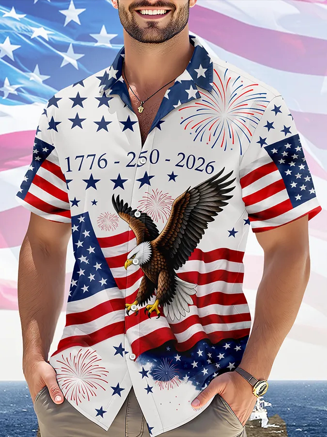 Patriotic USA Eagle Flag Print Camp Collar Shirt, Star & Firework Casual Aloha Shirt