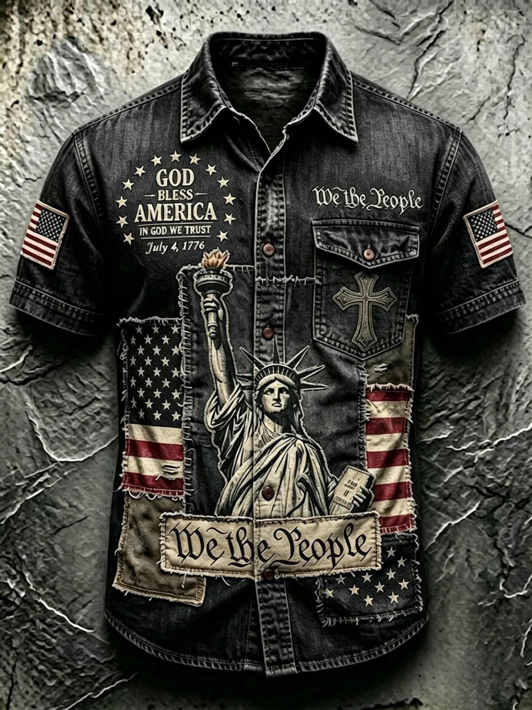 Men's Vintage Statue Of Liberty Flag Graphic Short Sleeve Button Down Denim Shirt