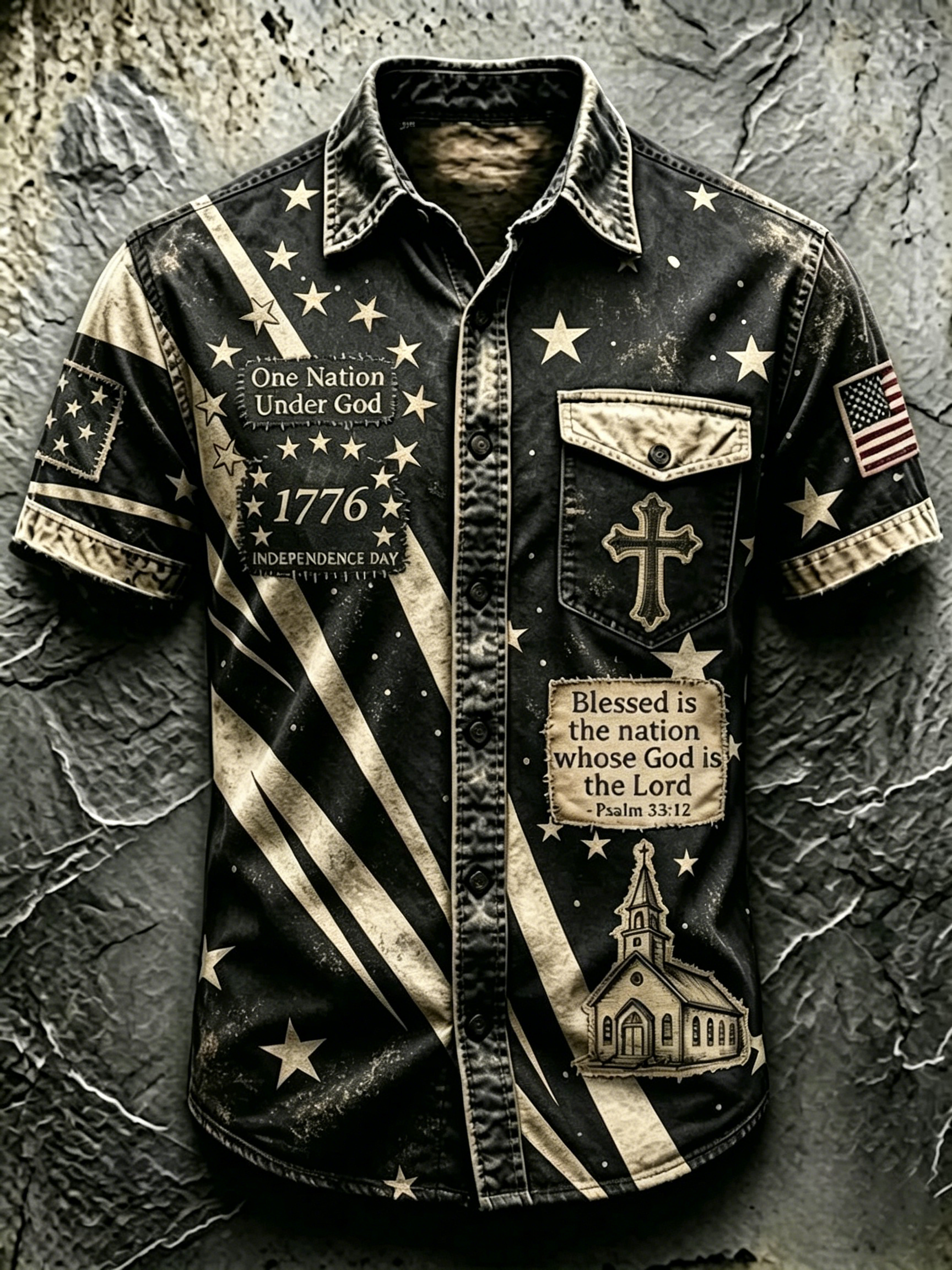 Men Vintage Star Stripe Religious Cross Graphic Short Sleeve Button Down Denim Shirt
