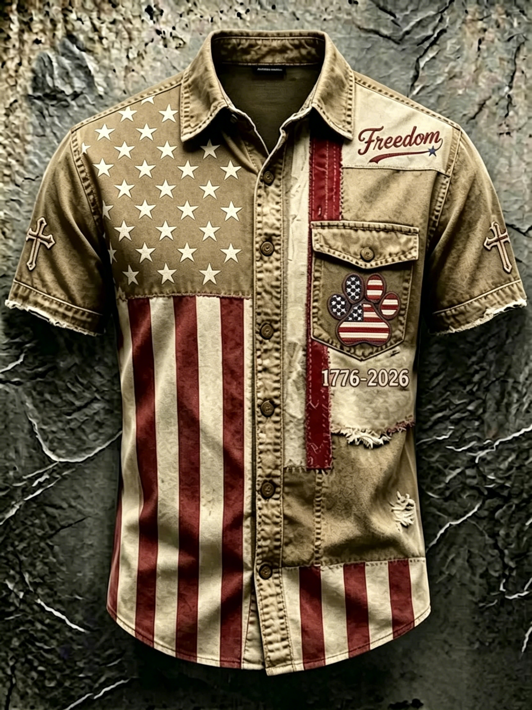 [Copy]Frayed Edge Camo Patriotic Letter Print Lapel Collar Casual Denim Shirt For Men